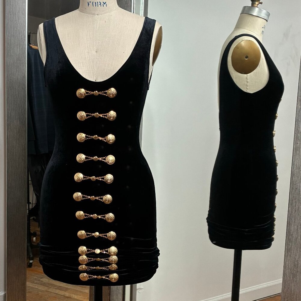 Stretch Velvet Dress with Metal Detailing and Deep U-Back, Size Small